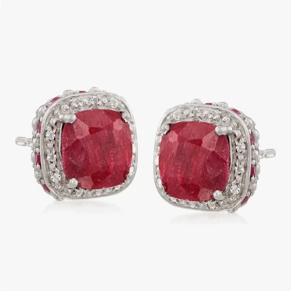 Precious Ruby Gemstone & White Topaz Stud Earrings in Solid Sterling Silver - Picture 4 of 8